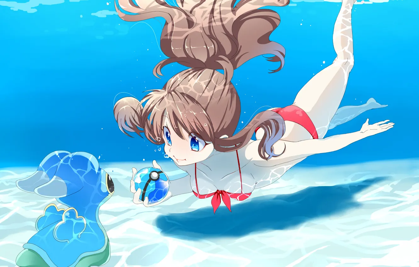 Photo wallpaper girl, sexy, cleavage, long hair, underwater, brown hair, boobs, anime