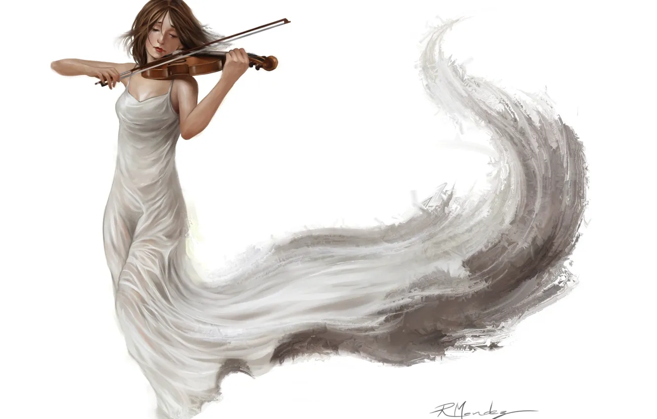 Photo wallpaper girl, white, violin, dress, art, music. background