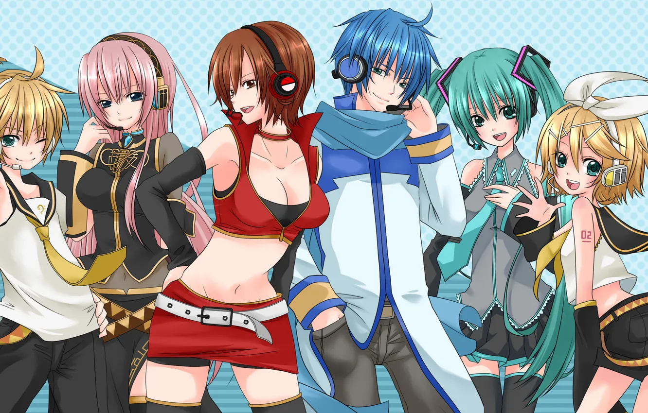 Photo wallpaper smile, girls, headphones, art, microphone, guys, vocaloid, hatsune miku