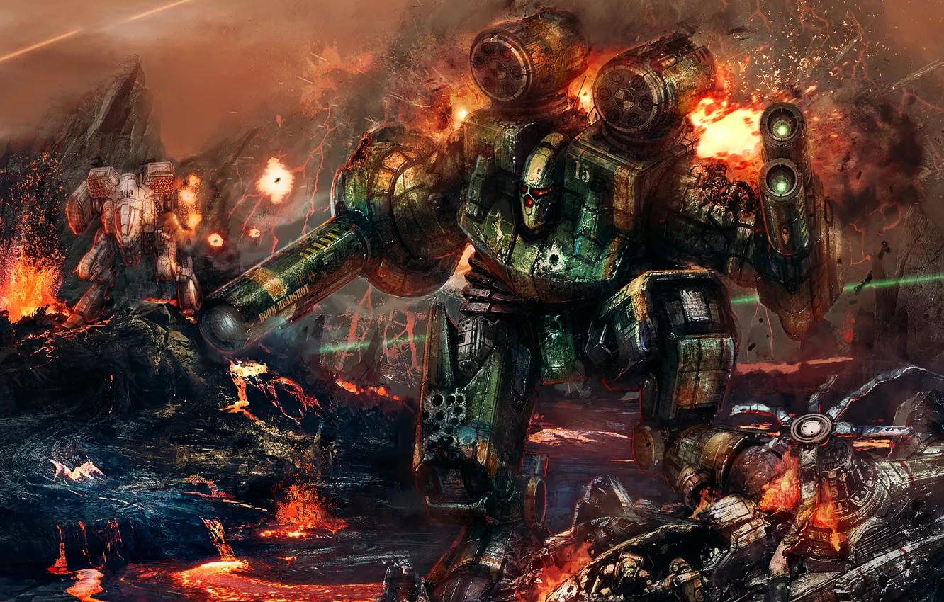 Photo wallpaper the explosion, lights, war, robot, the volcano, soldiers, lava, combat