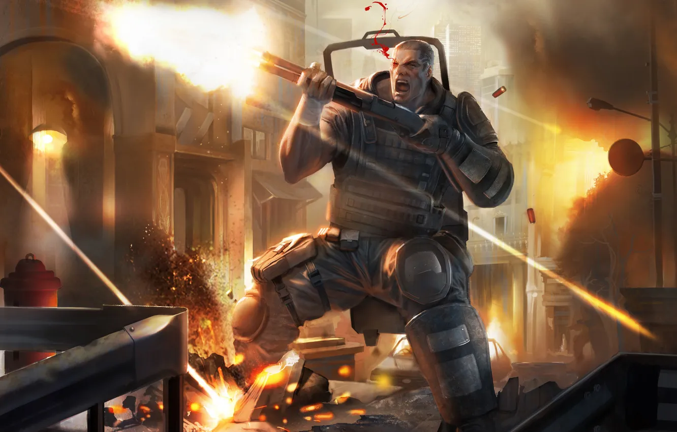 Photo wallpaper the city, lights, weapons, blood, shot, rage, male, Born to Fire
