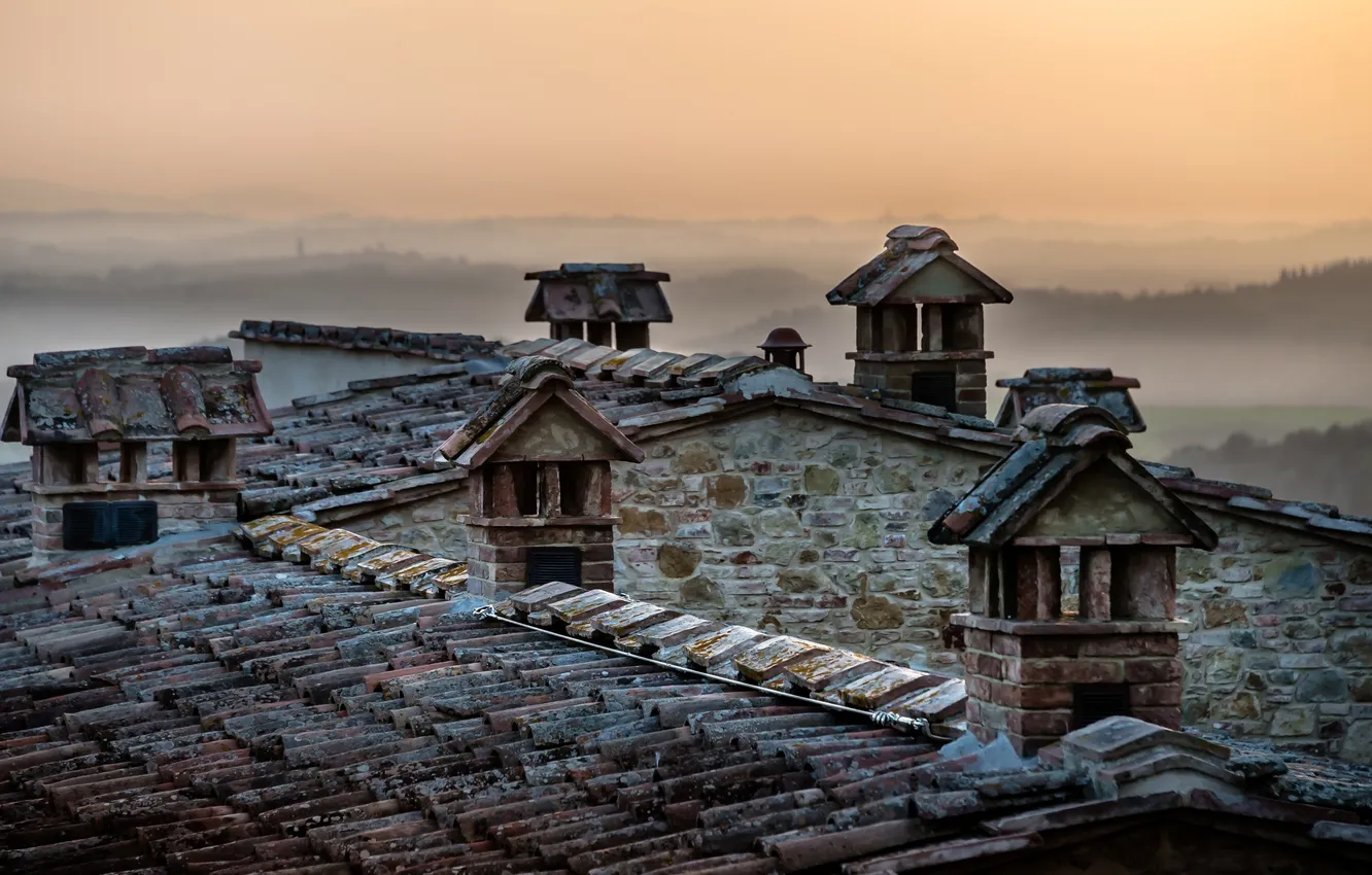 Photo wallpaper roof, fog, home