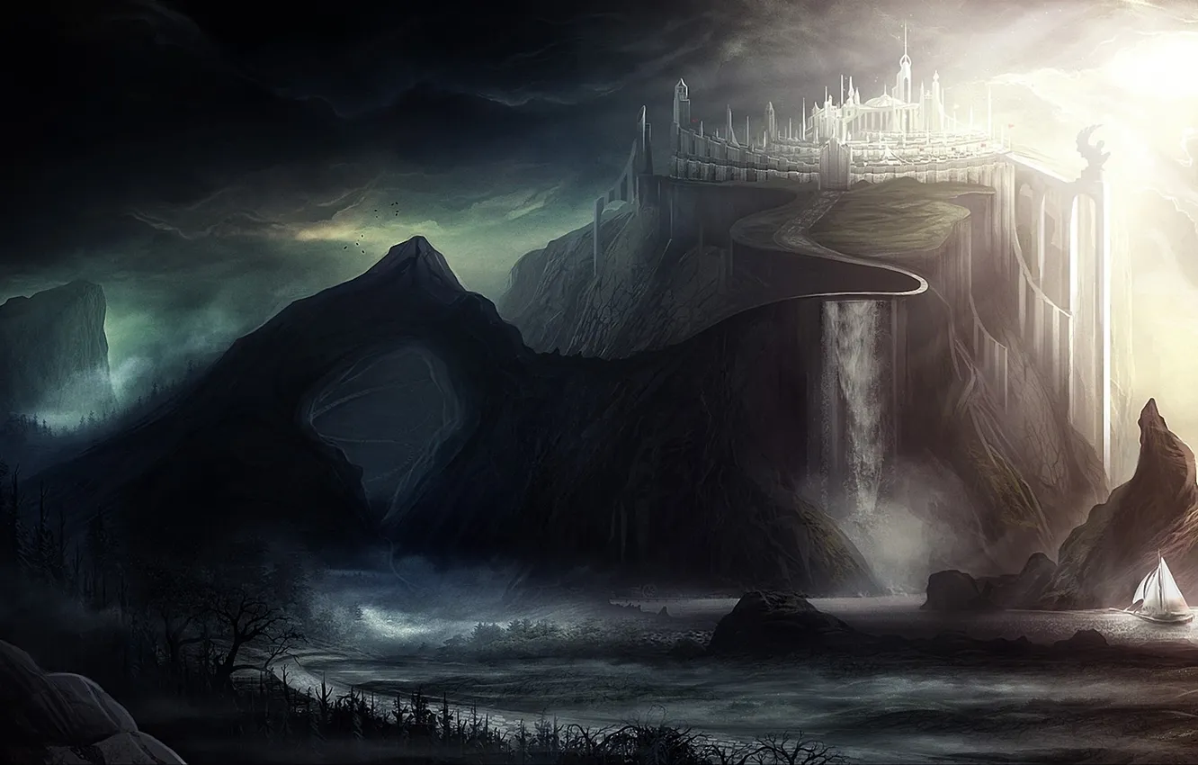 Photo wallpaper light, landscape, clouds, the city, castle, rocks, ship, sailboat