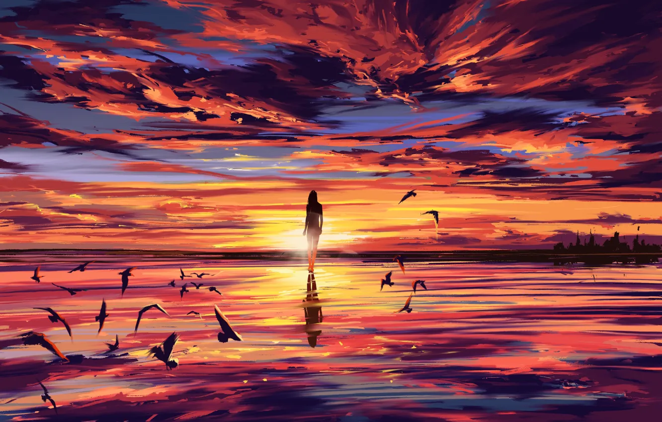 Photo wallpaper sea, girl, sunset, birds