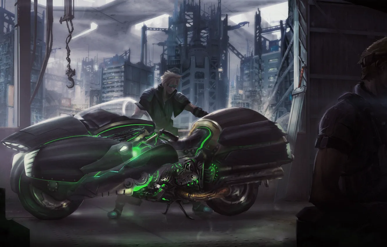 Photo wallpaper bike, cloud strife, fan art, Final Fantasy VII, FFVII