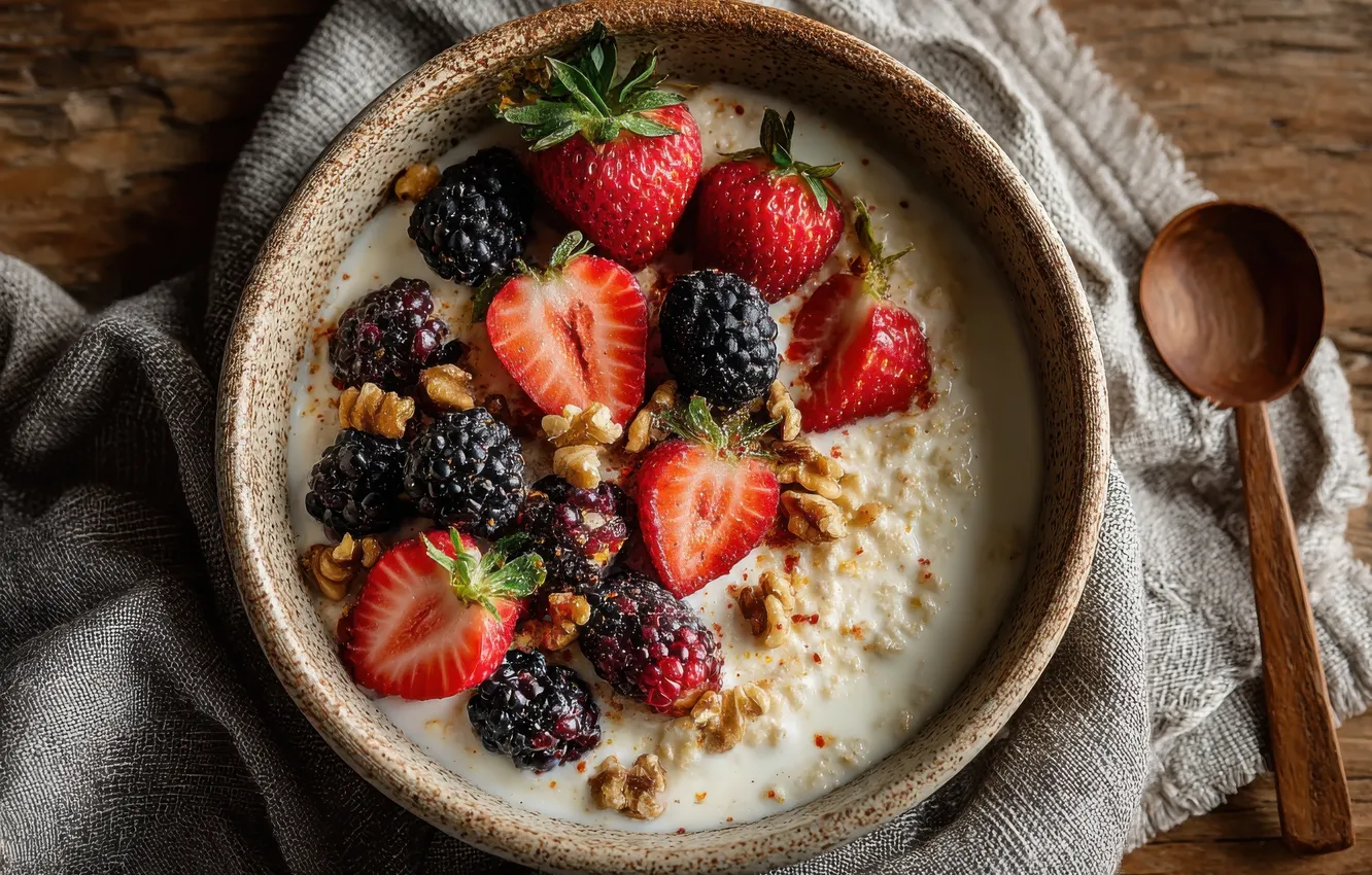Photo wallpaper berries, table, Breakfast, strawberry, bowl, nuts, BlackBerry, AI art