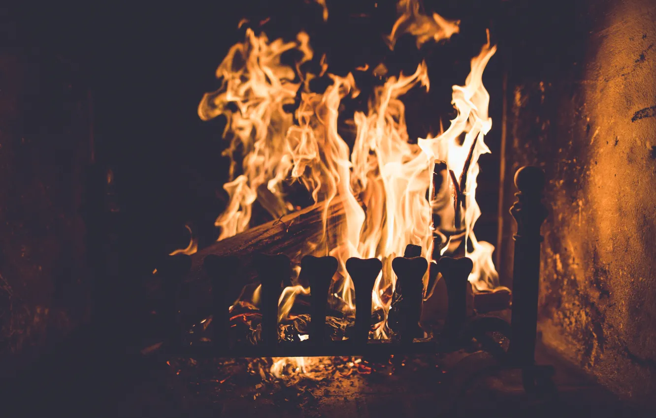 Photo wallpaper comfort, heat, fire, flame, wood, fireplace