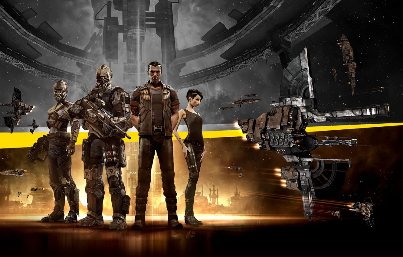 Photo wallpaper space, nebula, weapons, planet, station, the suit, soldiers, space