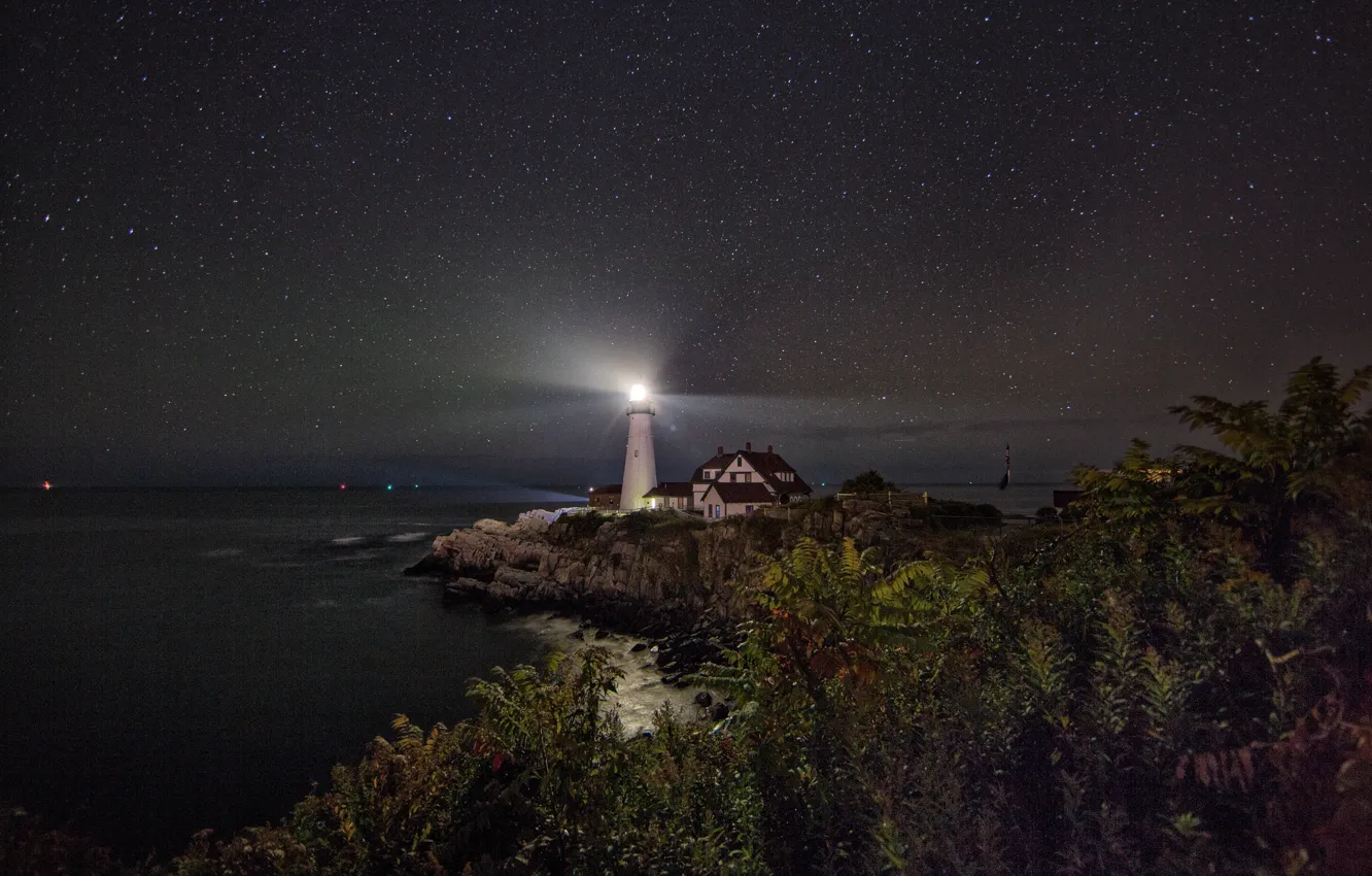 Photo wallpaper sea, stars, night, lighthouse