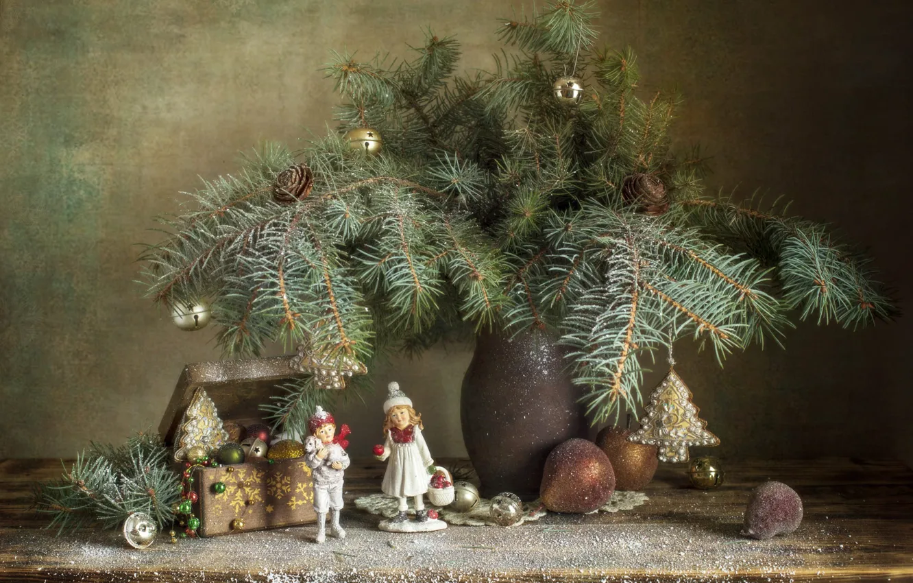 Photo wallpaper branches, children, table, toys, bouquet, boy, Christmas, girl