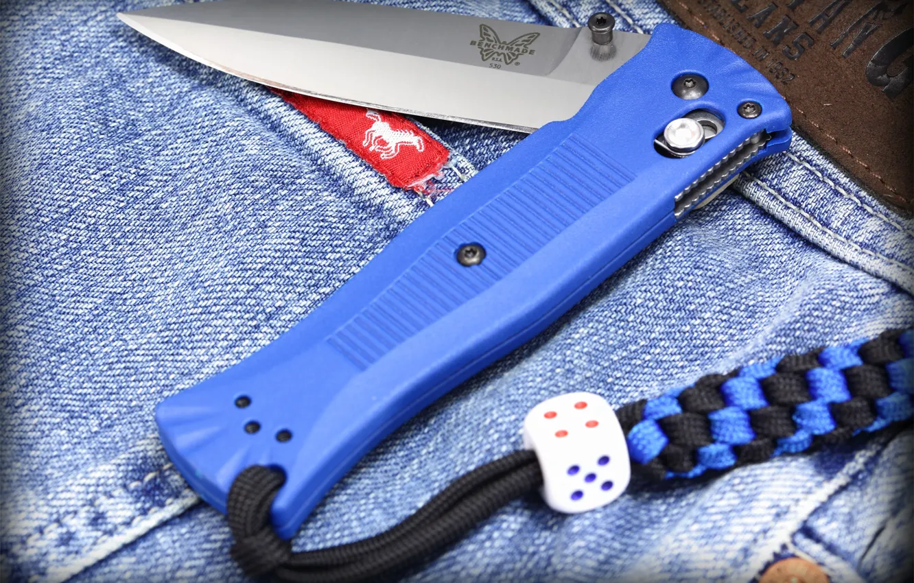 Photo wallpaper blue, knife, cord, jeans, folding, lanyard, benchmade