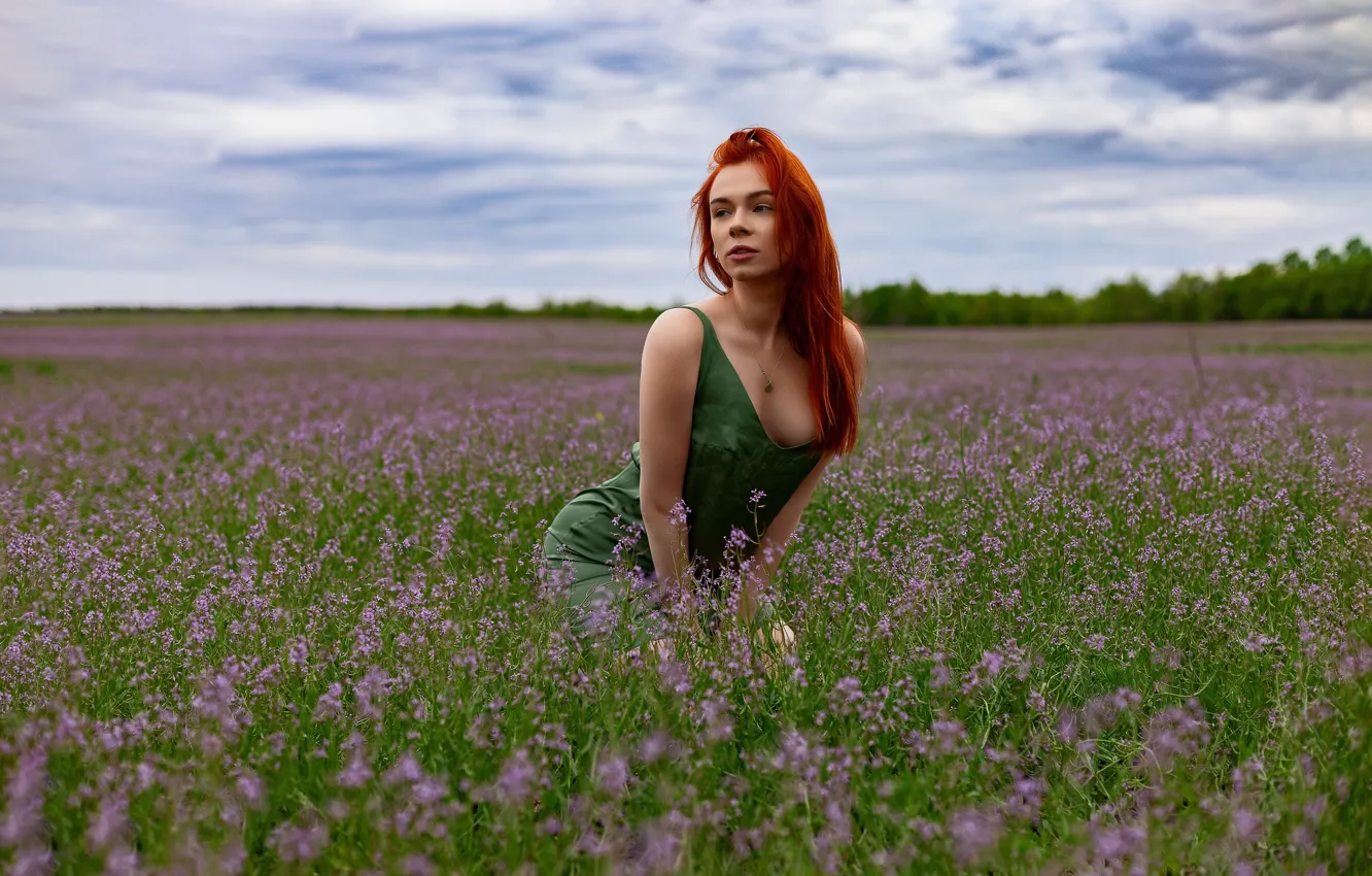 Photo wallpaper grass, sky, trees, nature, flowers, clouds, model, women
