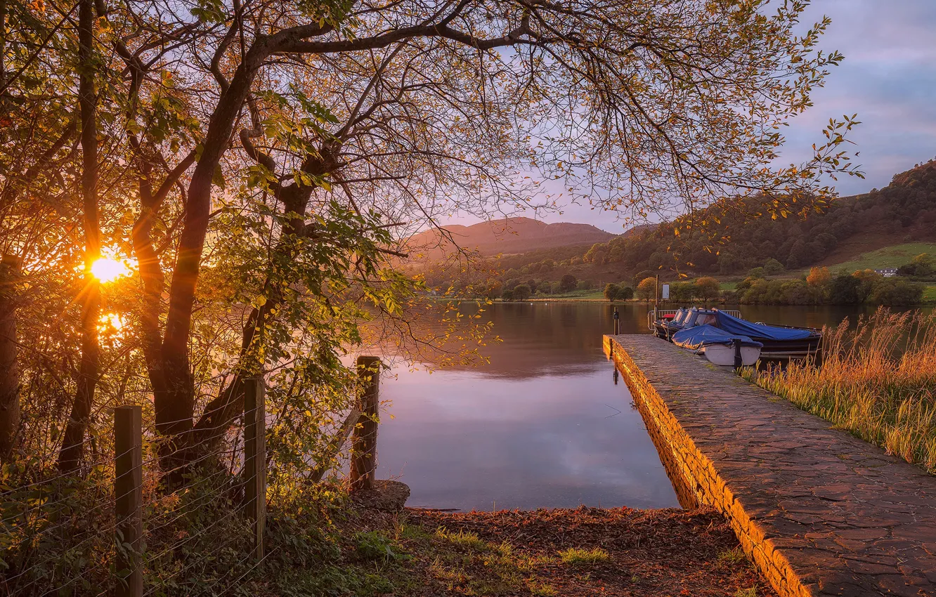 Photo wallpaper the sun, trees, sunset, lake, boat, the fence, pier, Scotland