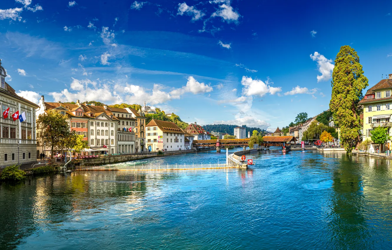 Photo wallpaper the city, river, home, Switzerland, panorama, Luzern