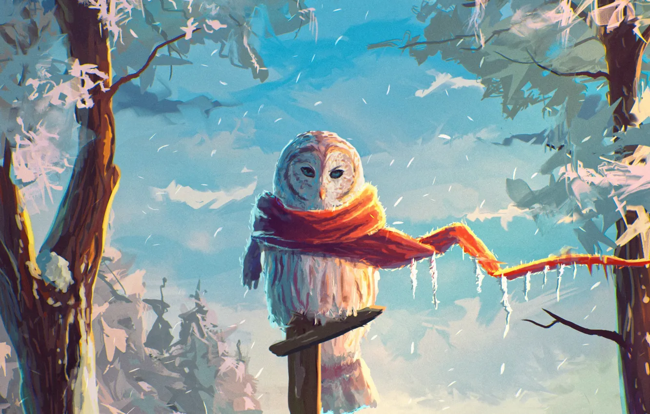 Photo wallpaper winter, snow, owl, bird, art