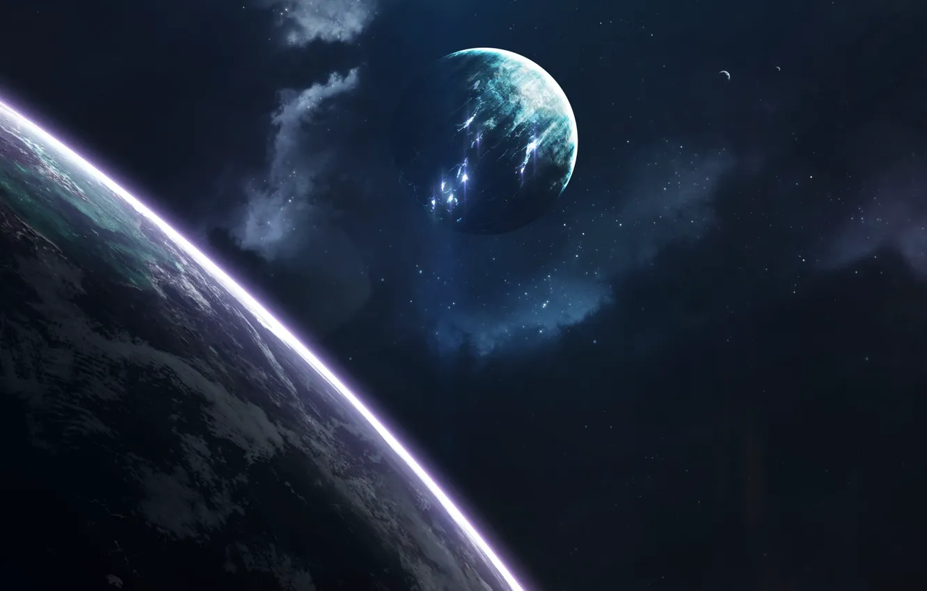 Photo wallpaper space, stars, nebula, fiction, planet, satellite, art, space