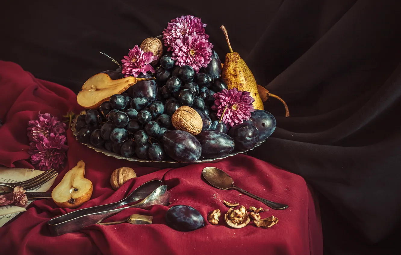 Photo wallpaper grapes, vase, fruit, nuts, still life, tablecloth