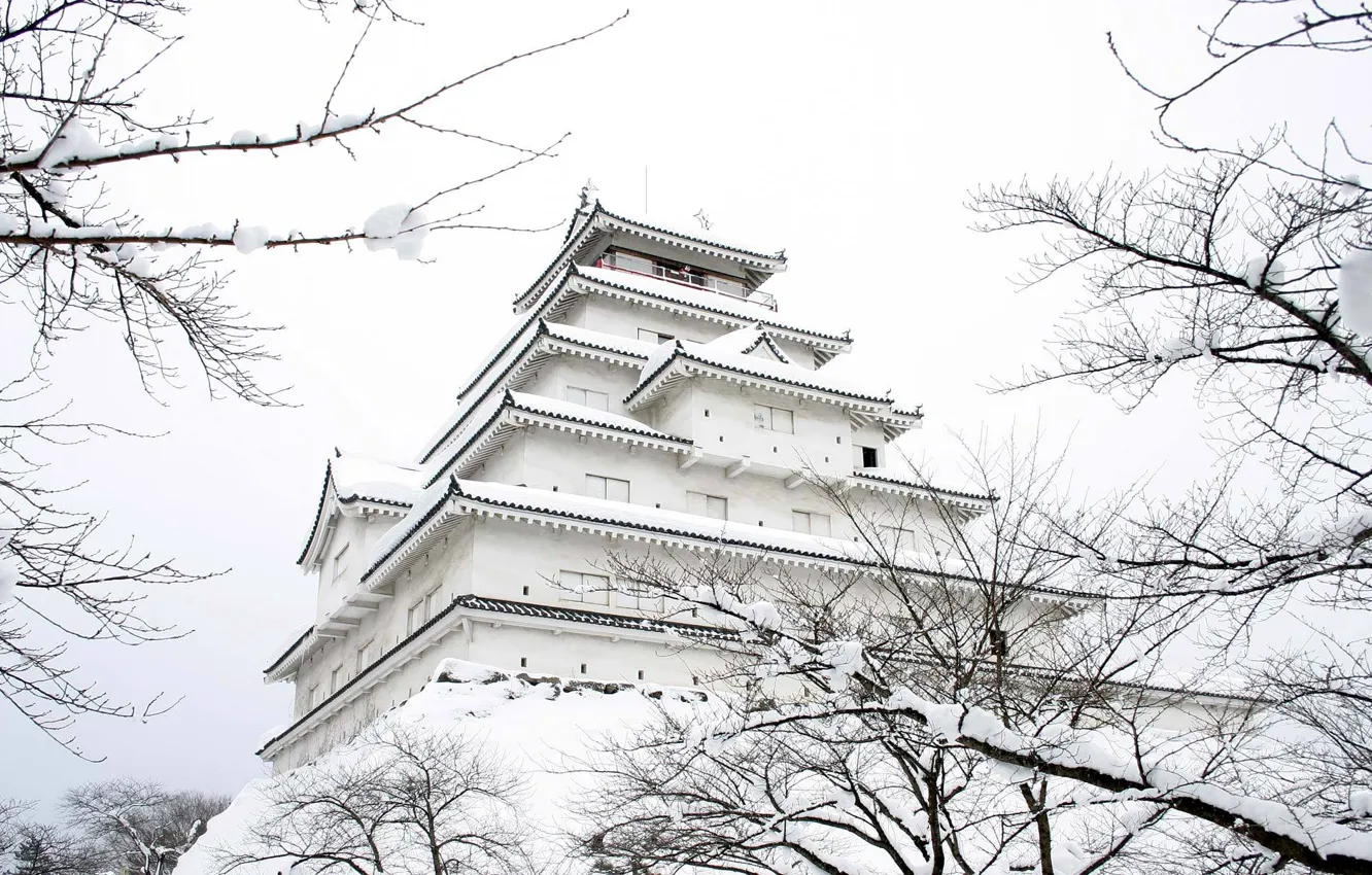 Photo wallpaper winter, snow, castle, Japan, garden
