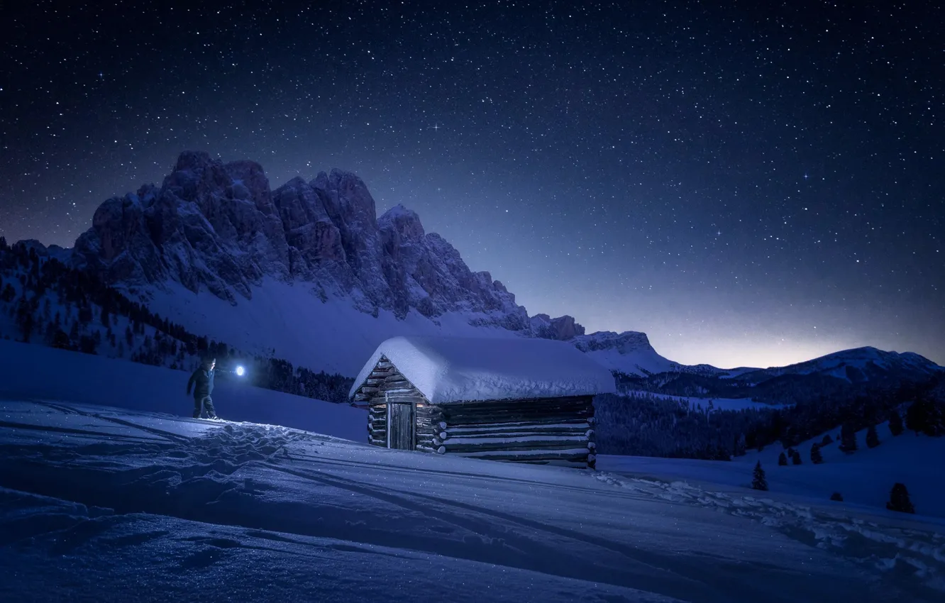 Photo wallpaper winter, the sky, stars, light, snow, mountains, people, house