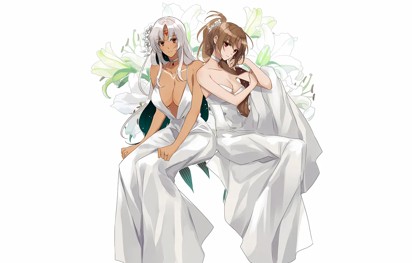 Photo wallpaper sexy, cleavage, long hair, dress, girls, brown hair, boobs, anime