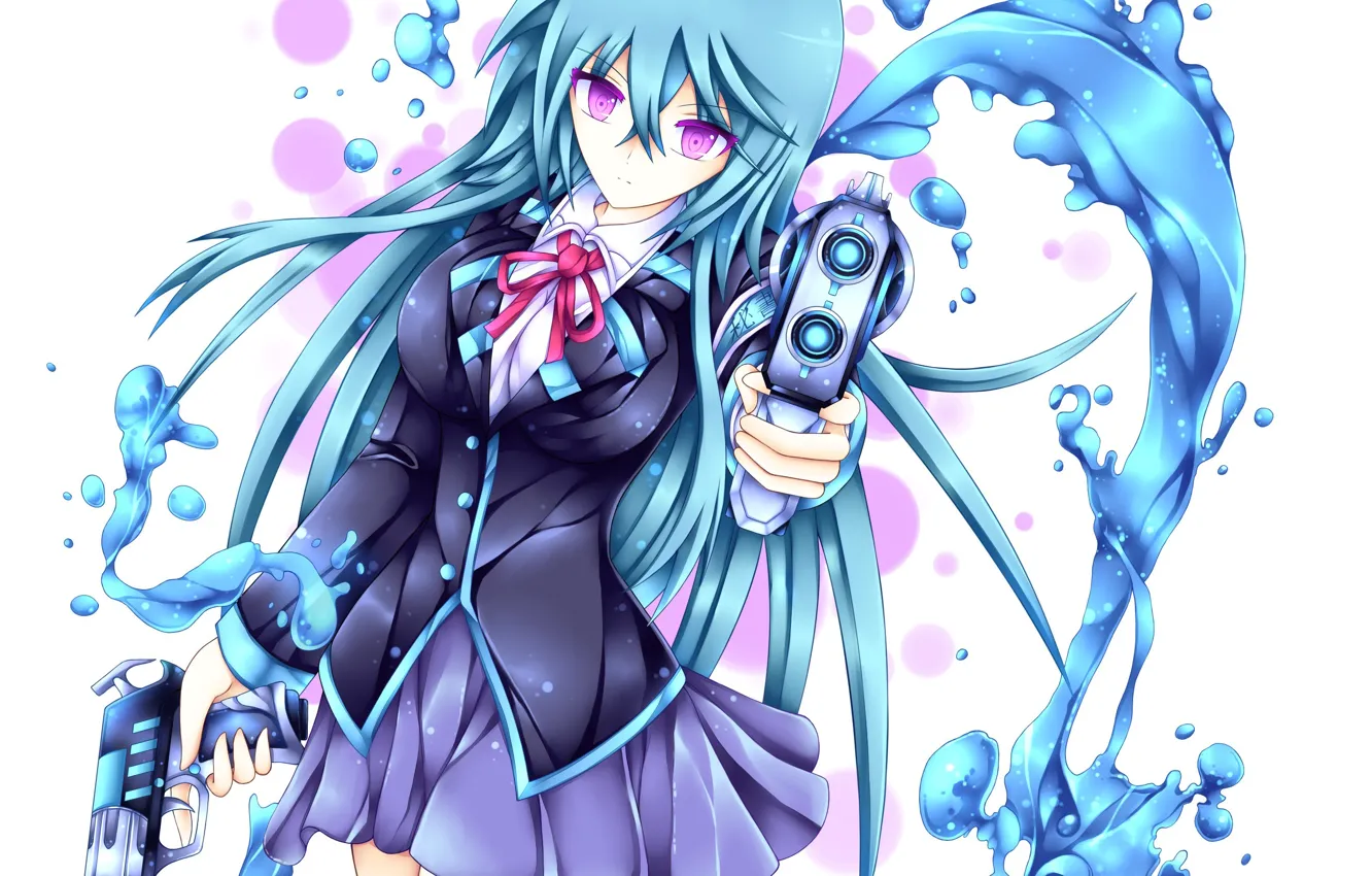 Photo wallpaper water, girl, drops, gun, weapons, anime, art, schoolgirl