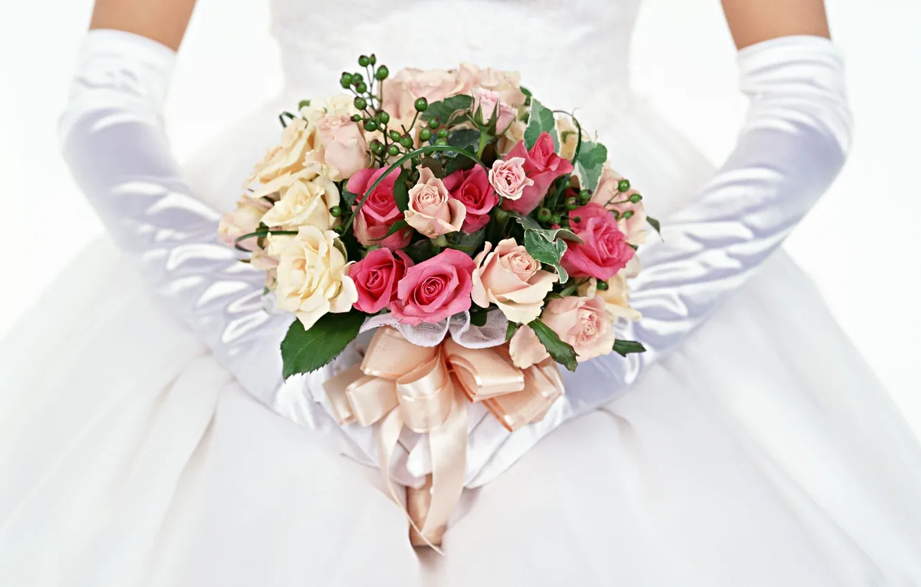 Photo wallpaper roses, bouquet, gloves, the bride