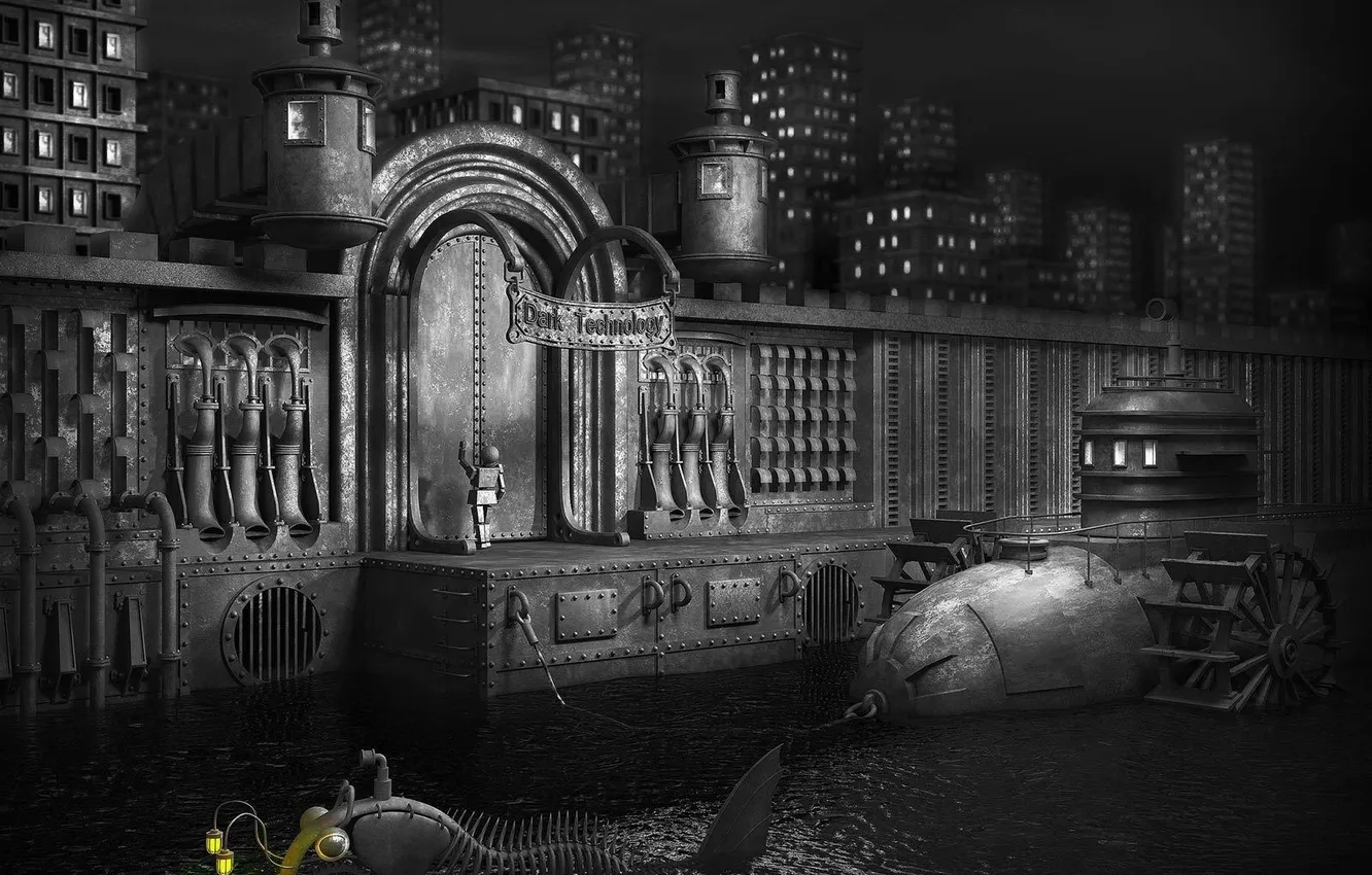 Photo wallpaper the city, black, robot, home, fish, iron
