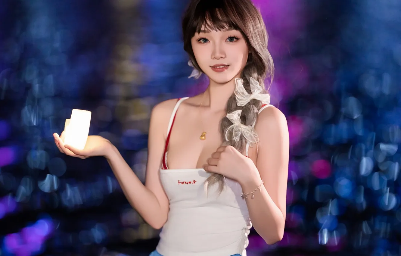 Photo wallpaper Beautiful, Asian, Model, Water, Smile, Night, Woman, River