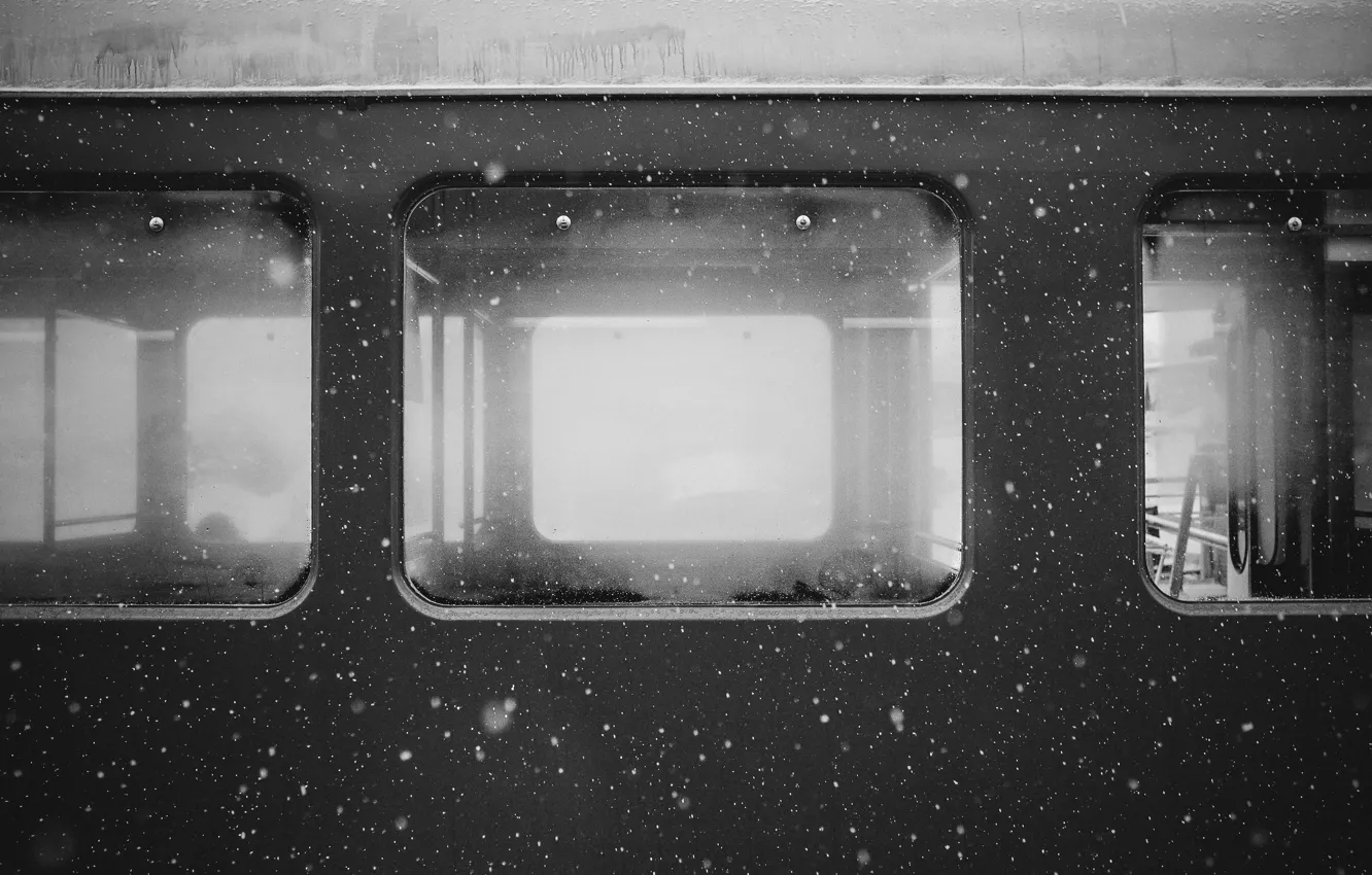 Photo wallpaper windows, snow, train, black and white, freeze, cold, Wagon, b/w