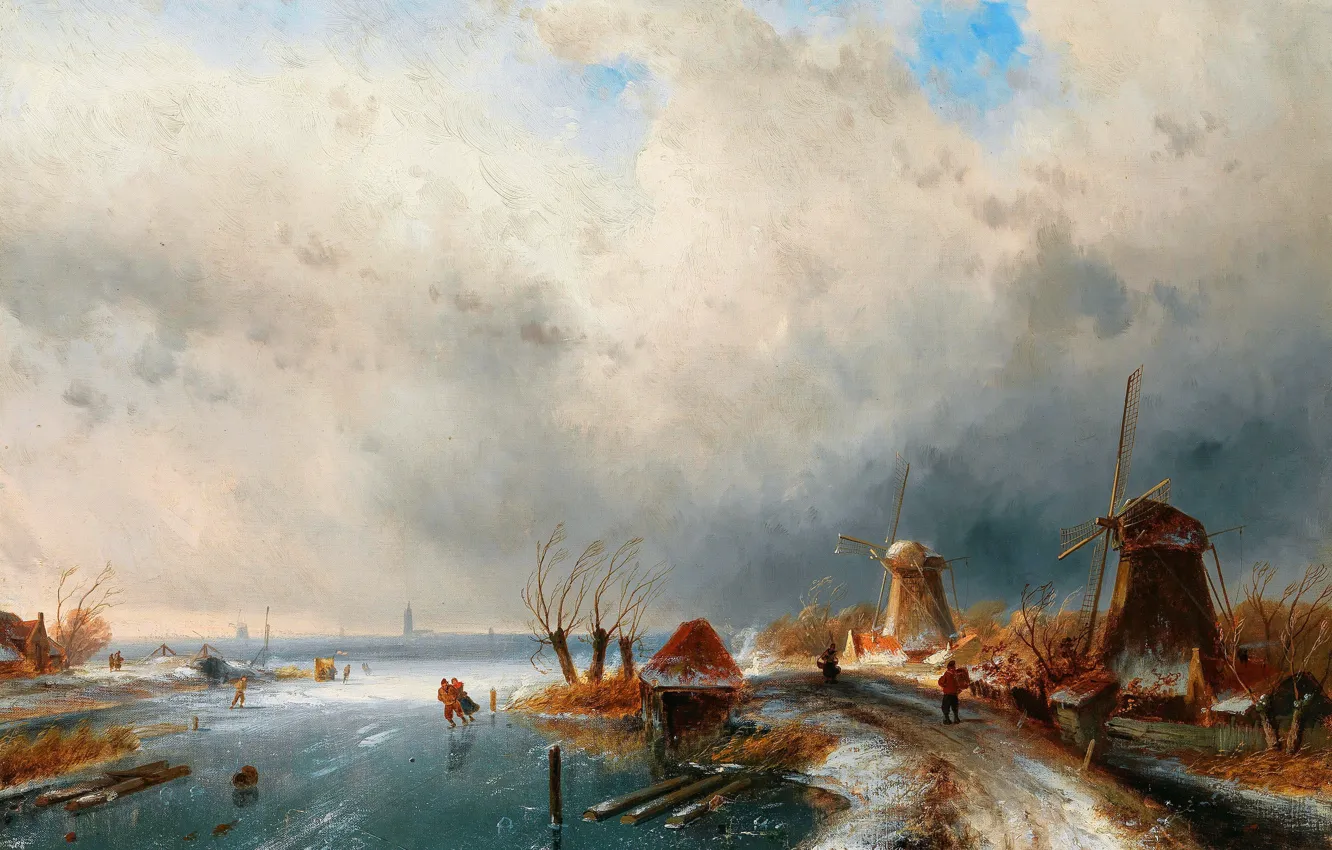 Photo wallpaper winter, clouds, people, picture, channel, Charles Leickert, Charles Henri Joseph Leikert, Charles Henri Joseph Leickert