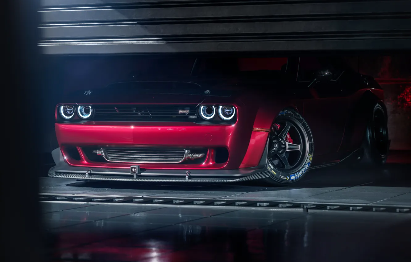 Photo wallpaper lights, garage, the demon, demon, Dodge, Challenger, SRT, Dodge Challenger
