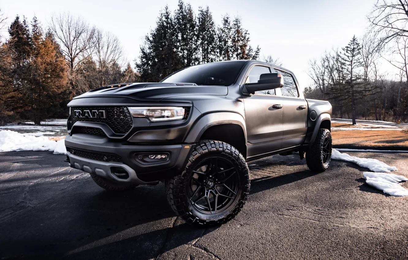 Photo wallpaper Dodge, Black, Snow, Pickup, Forest, Dodge Ram, TRX, Ram TRX