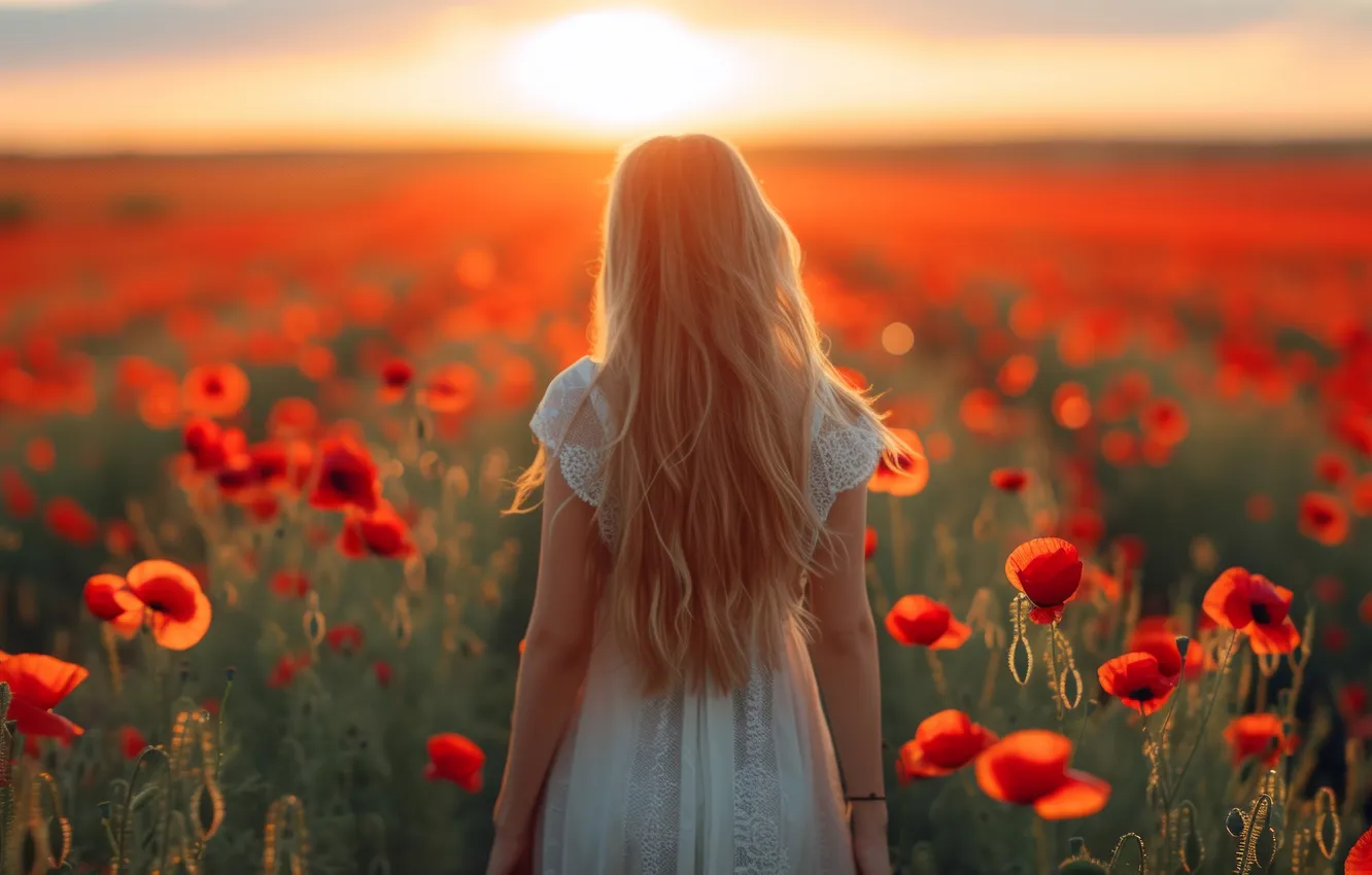 Photo wallpaper field, summer, girl, flowers, red, back, Maki, walk