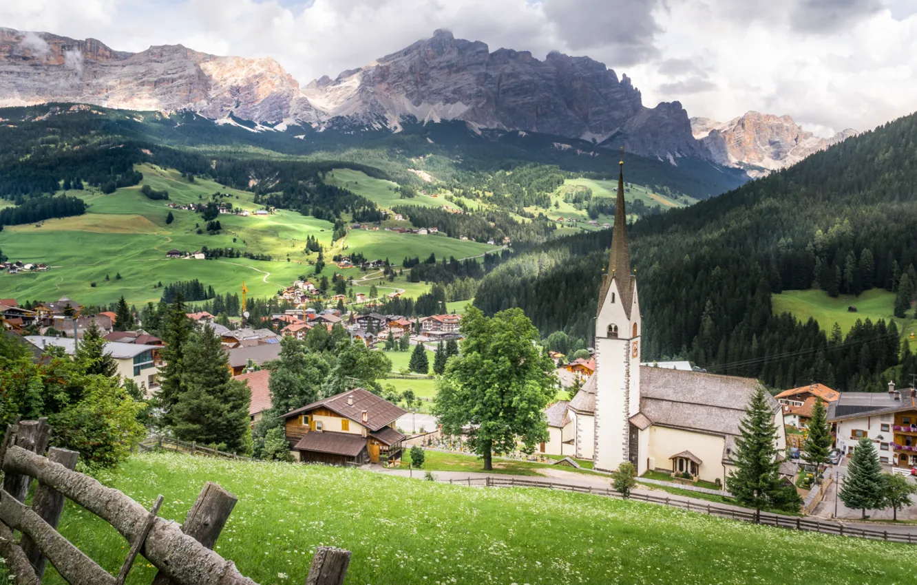 Photo wallpaper grass, clouds, trees, mountains, Italy, Italy, Dolomites, The Dolomites