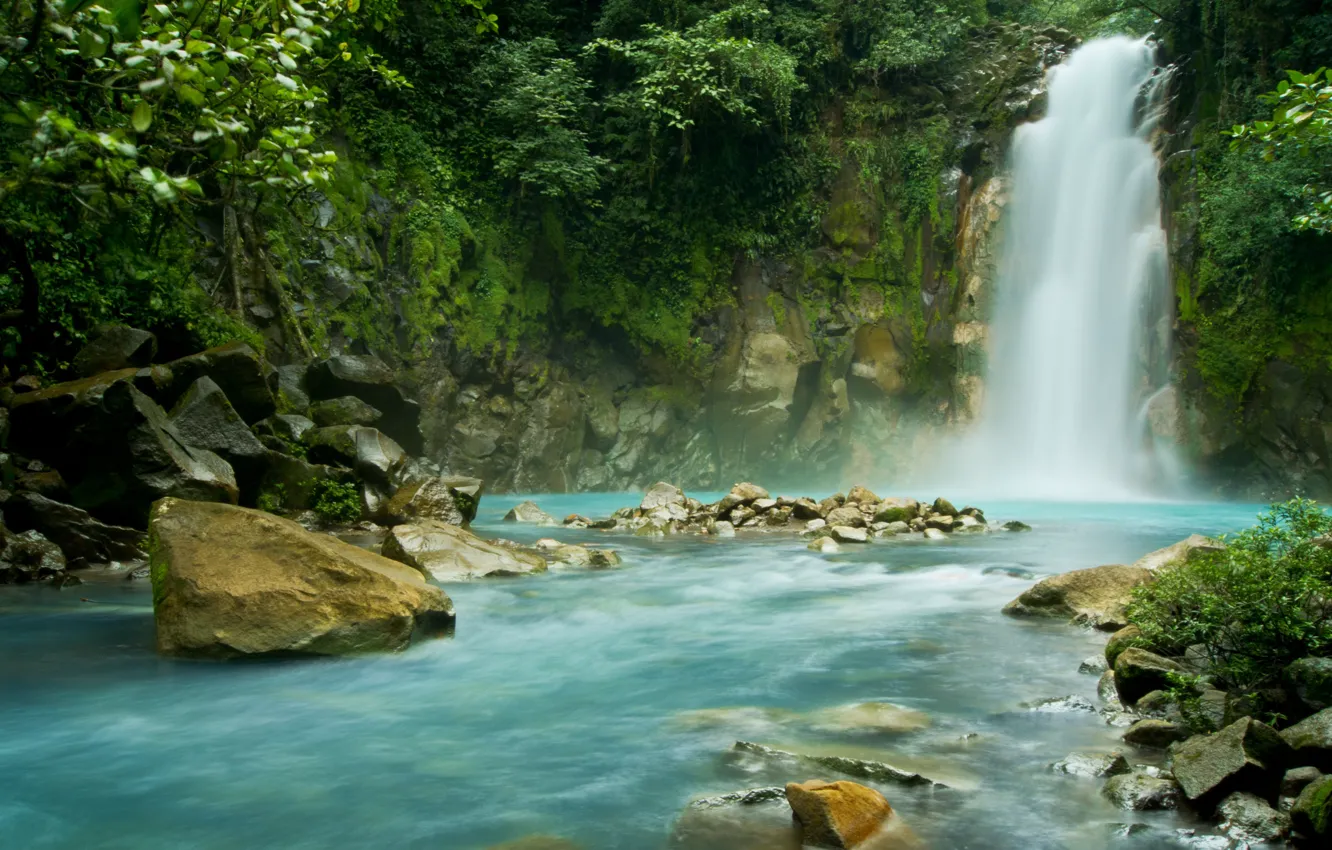 Photo wallpaper greens, stones, waterfall, Costa Rica