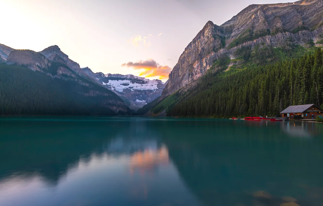 Photo wallpaper forest, the sky, lake, reflection, rocks, shore, tops, Canada