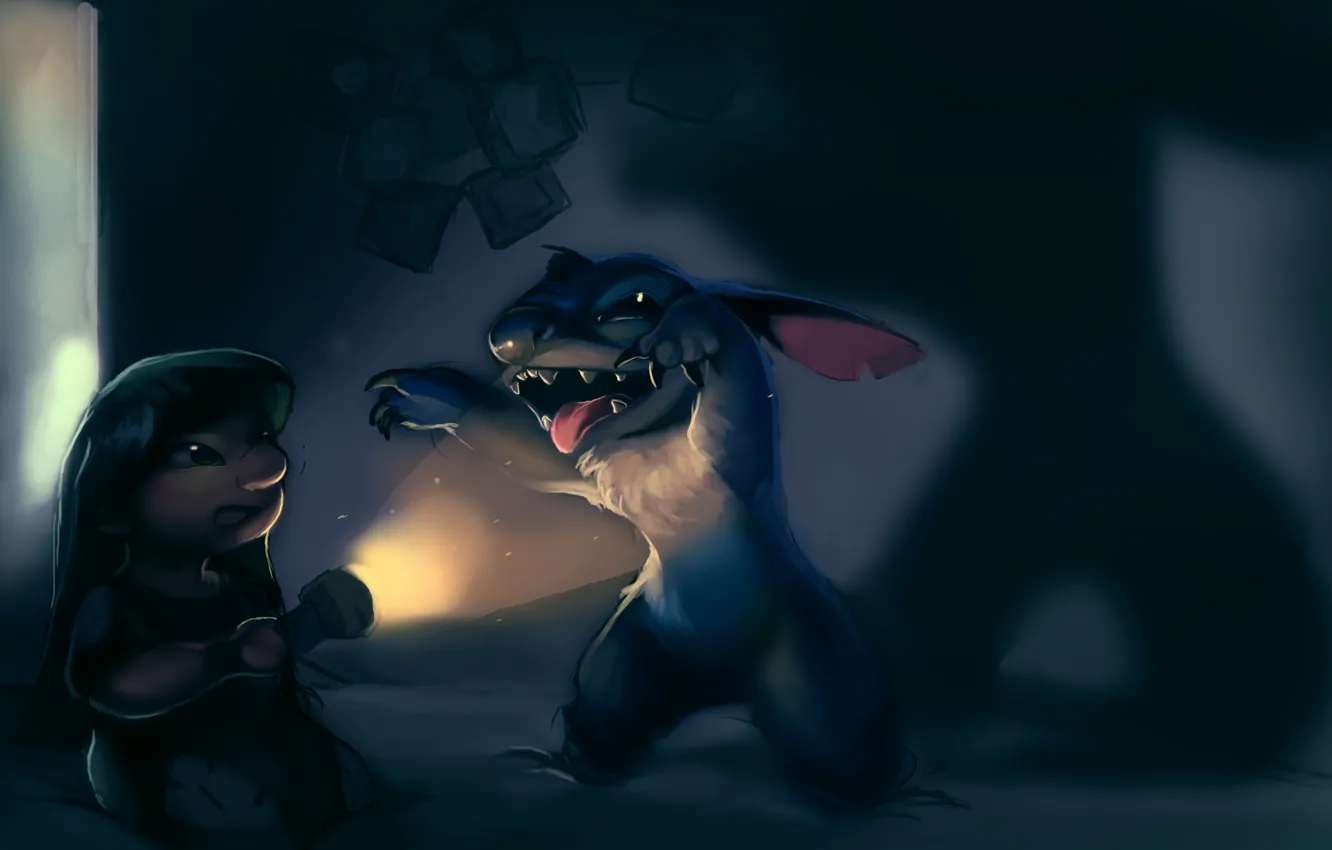 Photo wallpaper night, room, dark, lights, girl, alien, Stitch, Lilo and Stitch