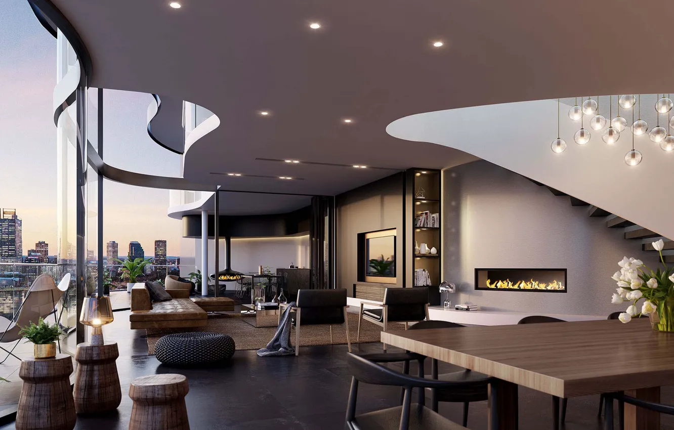 Photo wallpaper interior, fireplace, penthouse, megapolis, terrace, living room, Suite