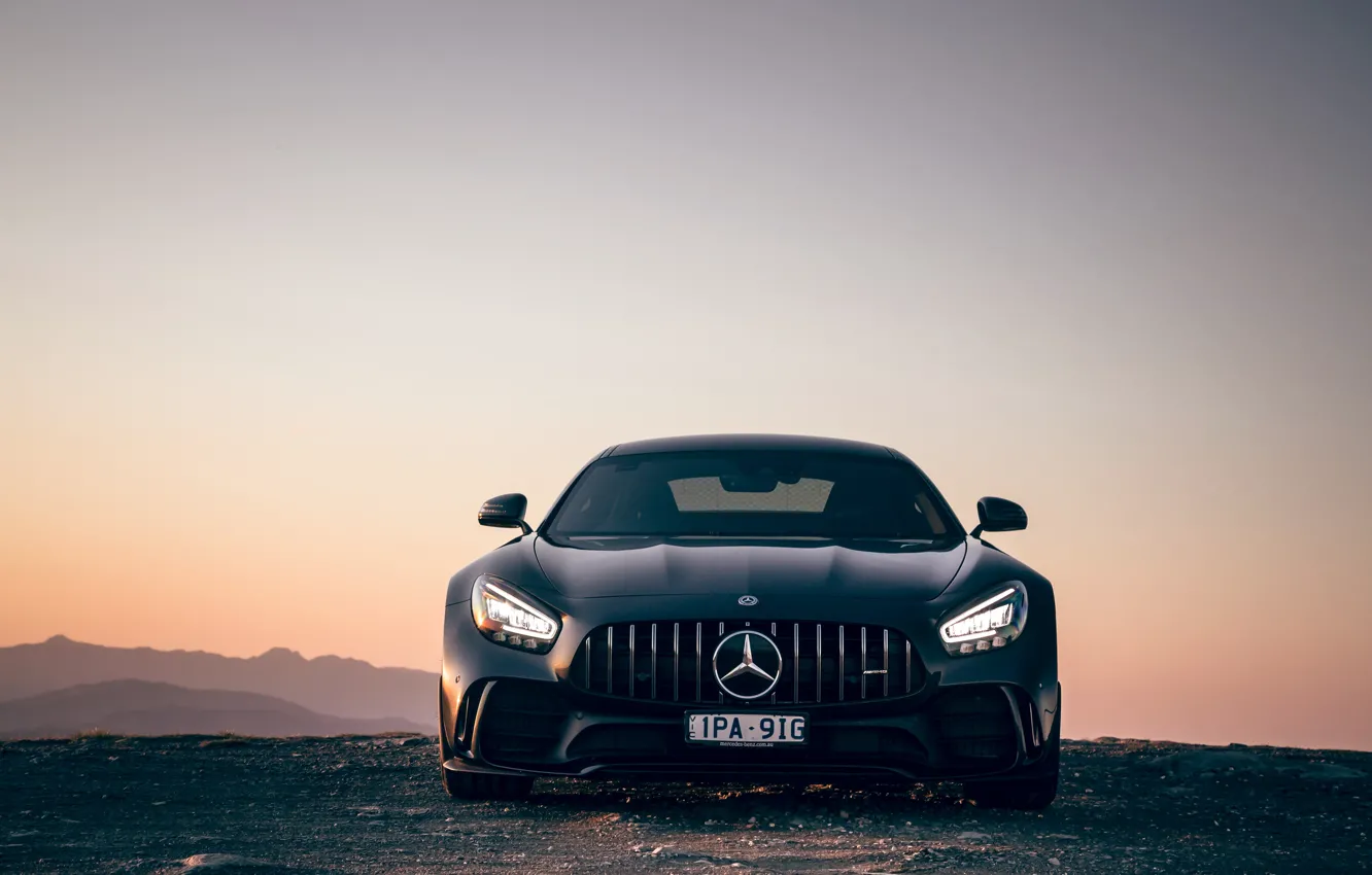 Photo wallpaper sunset, Mercedes-Benz, the evening, front view, AMG, AU-spec, GT R, 2019