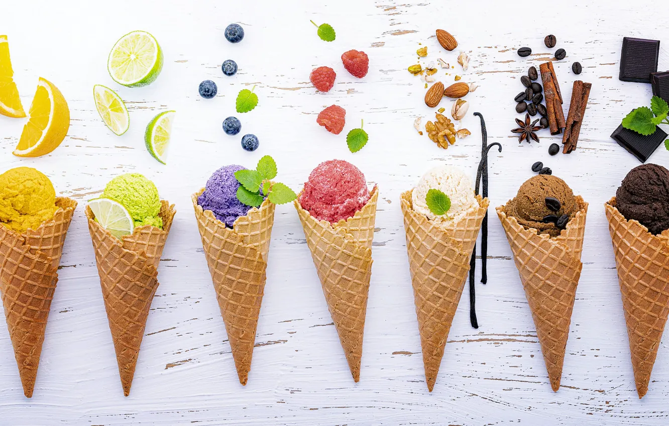Photo wallpaper berries, raspberry, coffee, orange, chocolate, blueberries, ice cream, white background