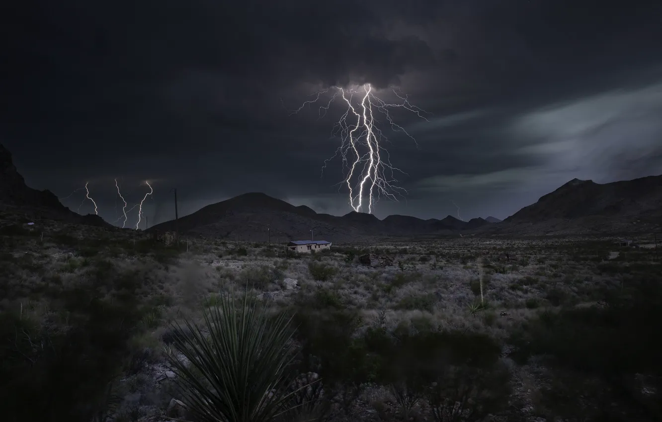 Photo wallpaper the storm, field, mountains, night, clouds, element, lightning, house