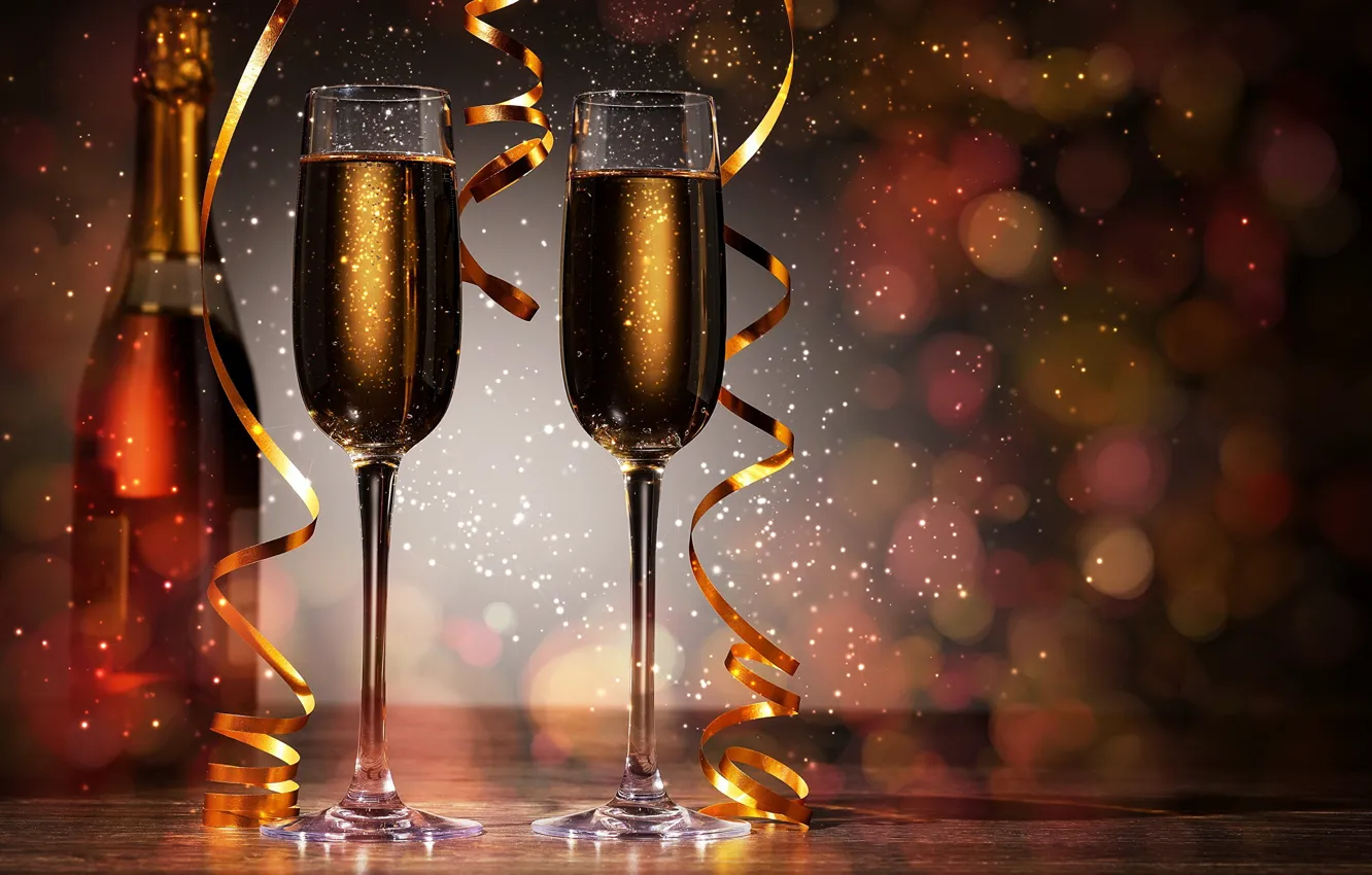 Photo wallpaper holiday, bottle, glasses, New year, champagne, sparks, bokeh, reflections of light