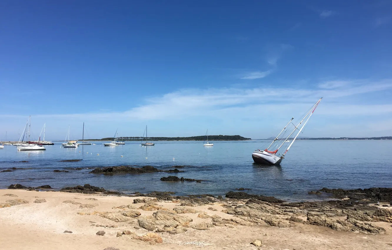 Photo wallpaper beach, sky, water, sand, shore, ship, ships, Uruguay