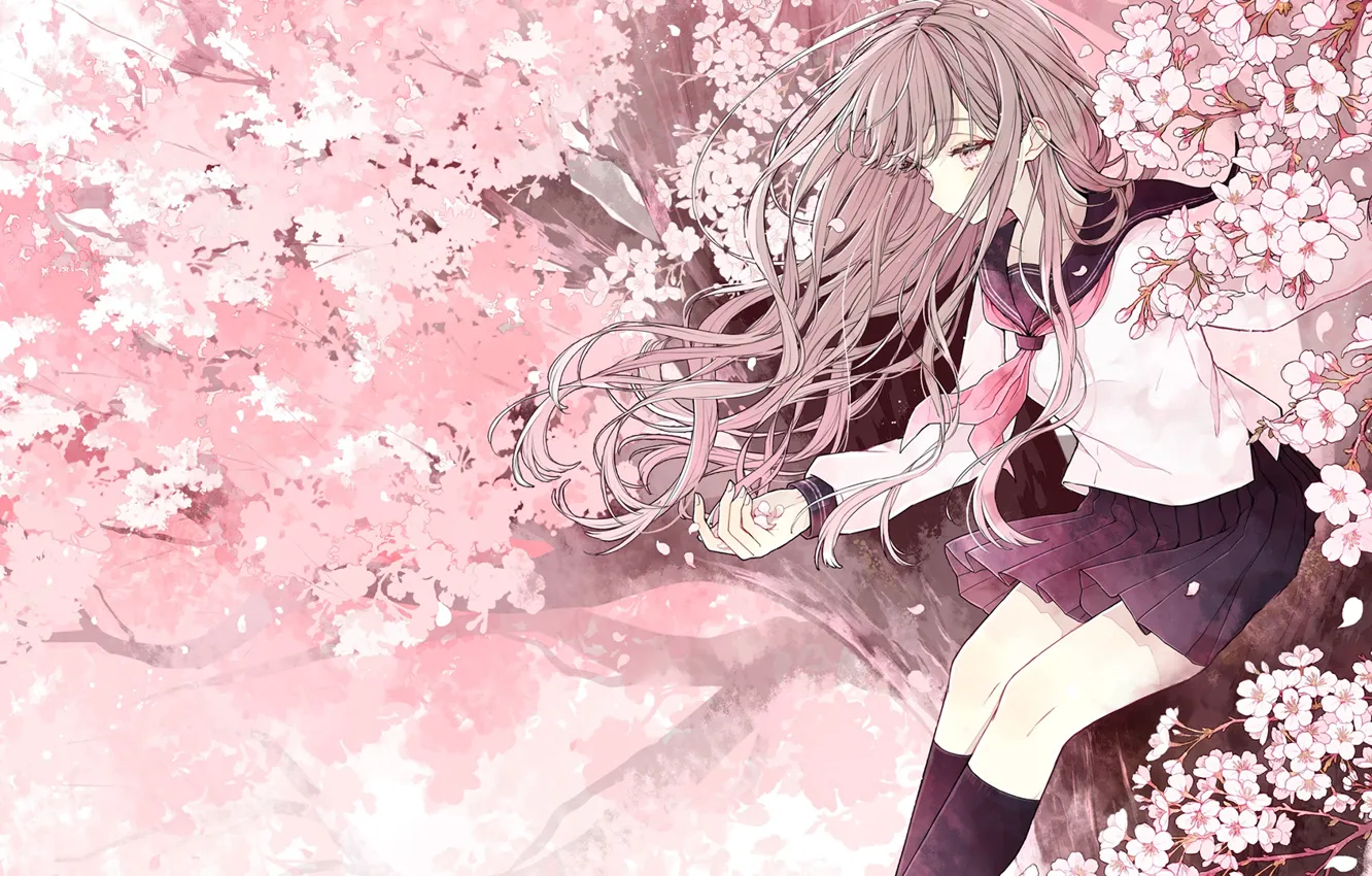 Photo wallpaper girl, trees, flowers, Sakura, on the tree