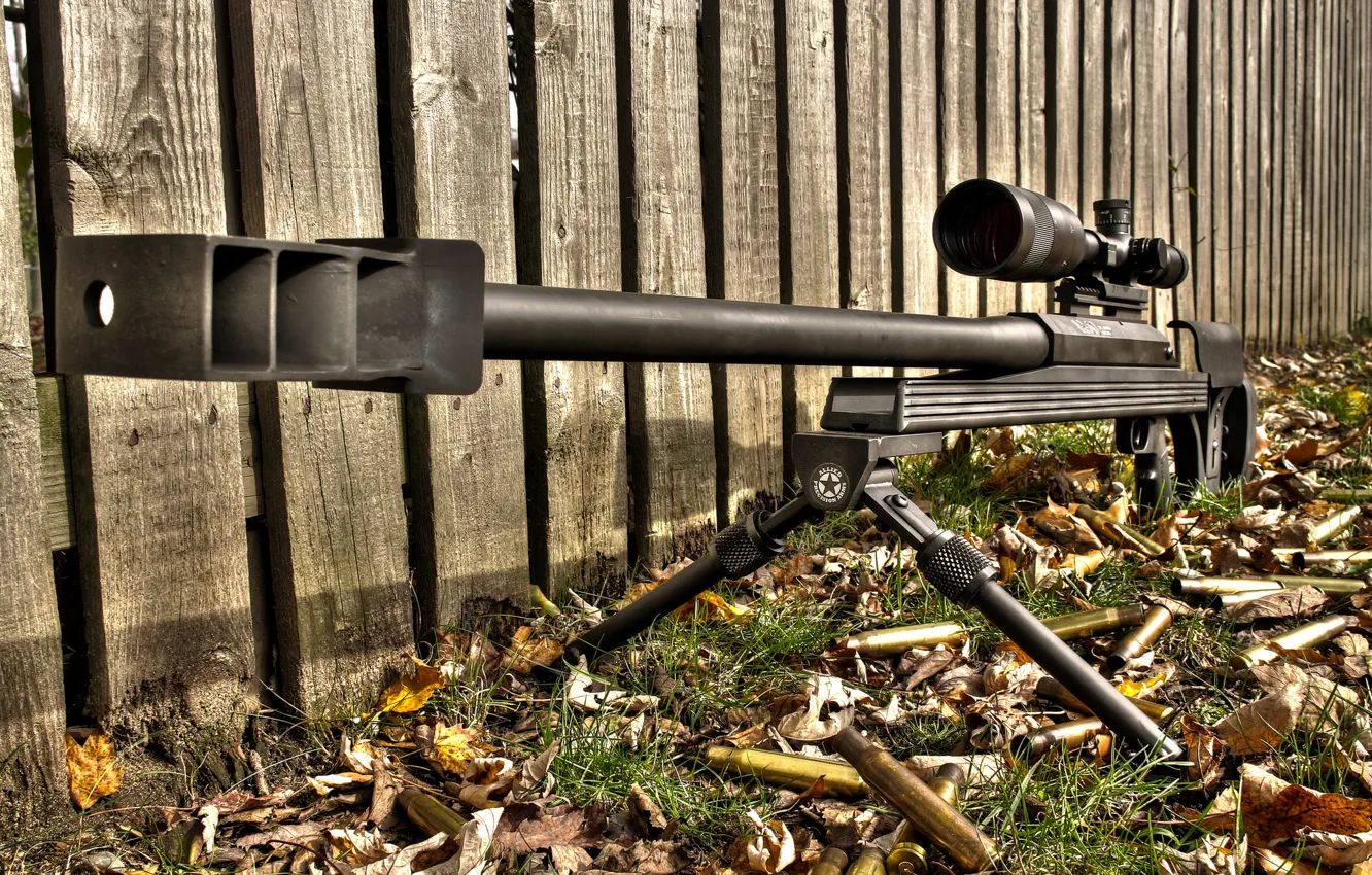 Photo wallpaper leaves, the fence, HDR, rifle, sniper, heavy, Armalite AR-50