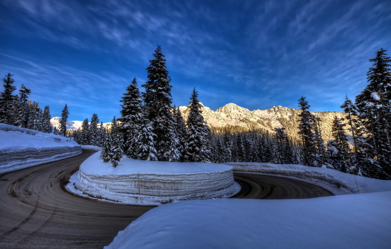 Photo wallpaper winter, road, landscape, mountains
