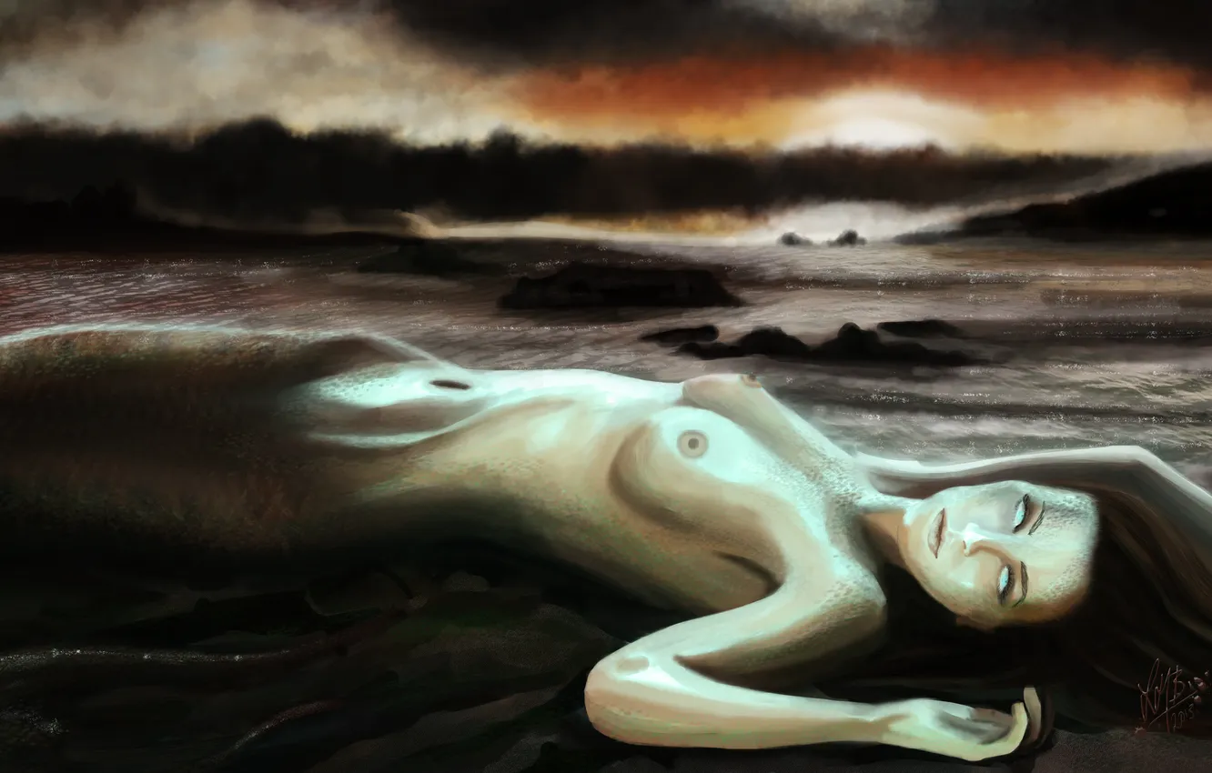 Photo wallpaper sea, eyes, look, fiction, hair, mermaid, scales, hands