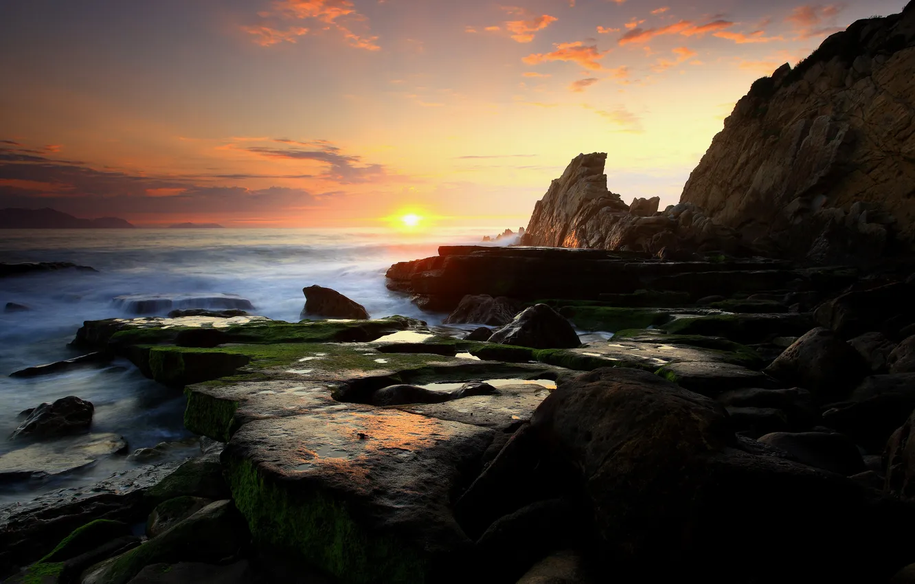 Photo wallpaper sea, the sky, sunset, rocks, the evening
