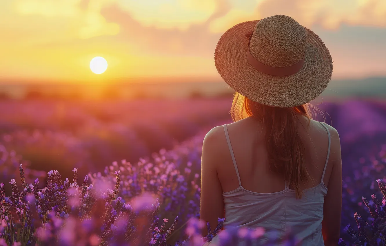 Photo wallpaper field, the sky, girl, the sun, clouds, flowers, dawn, dal