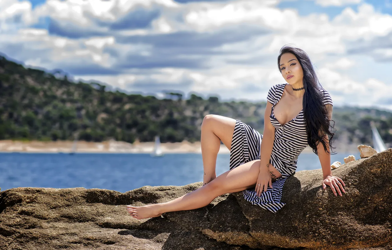 Photo wallpaper girl, clouds, pose, stones, model, neckline, girl, legs